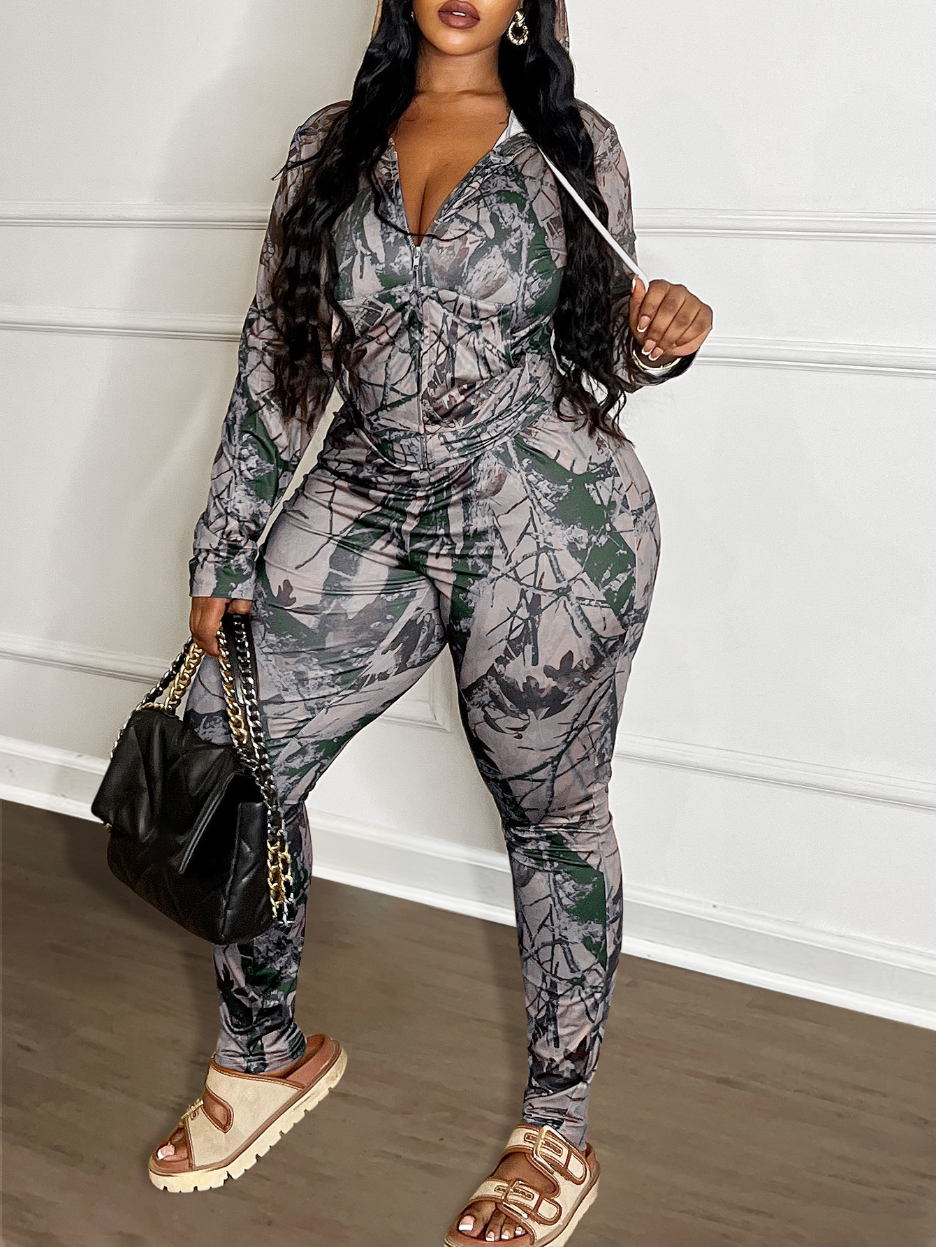 LW Plus Size Pocket Design Mixed Print Two-piece Pants Set